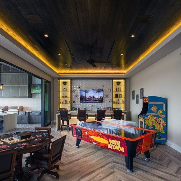 LED Wood Ceiling Game Room with Bar Design