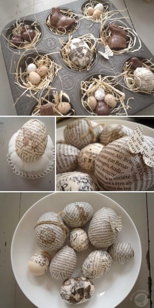 Eggs with Newsprint in Muffins Mold with Paper Grass, Chocolate and Bunnies