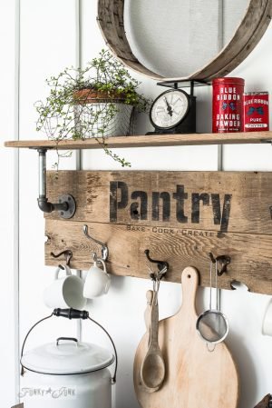 Industrial Farmhouse Reclaimed Wood and Pipe Pantry Sign Shelf with Funky Junks Old Sign Stencils