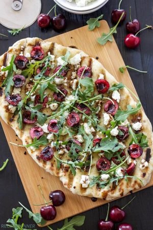Grilled Cherry Goat Cheese Arugula Pizza