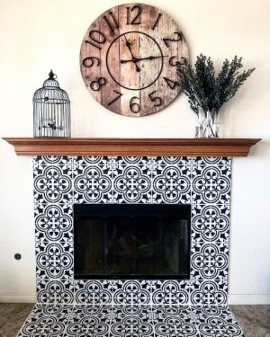 Blue and White Pattern Home Interior Painted Fireplace
