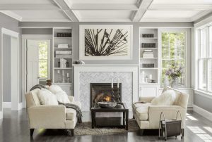 Living Room with White Fireplace